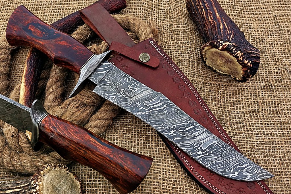 Custom Damascus Steel Hunting Knife with Rose Wood Handle
