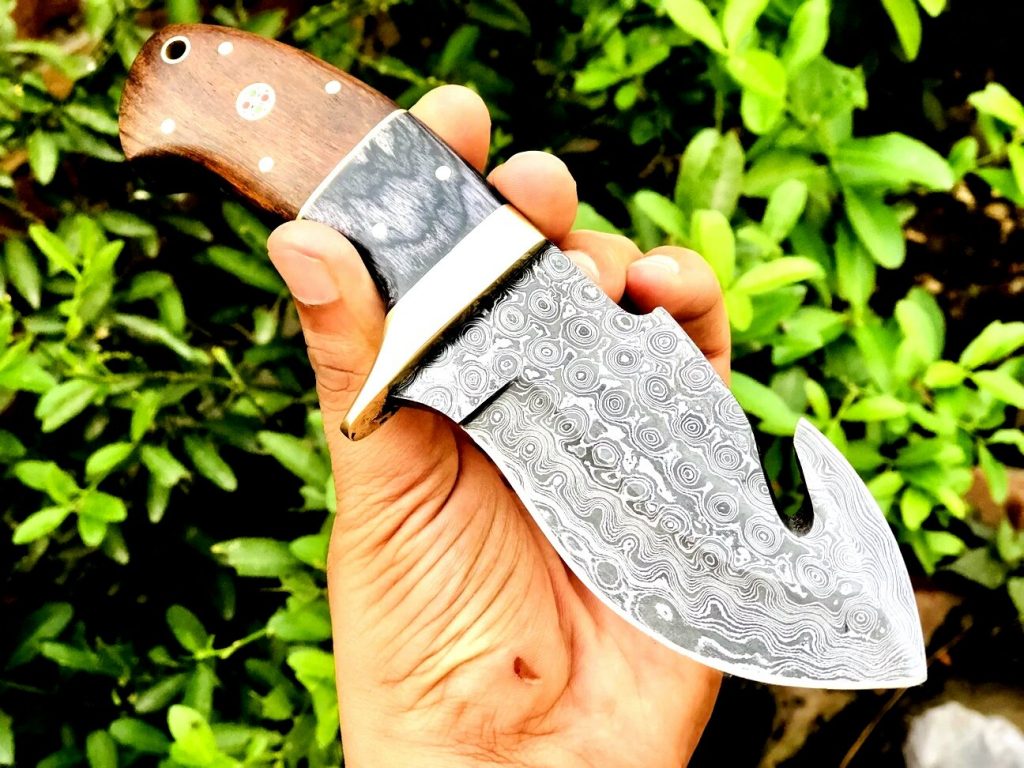 Handmade Raindrop Damascus Steel Gut hook Skinning knife