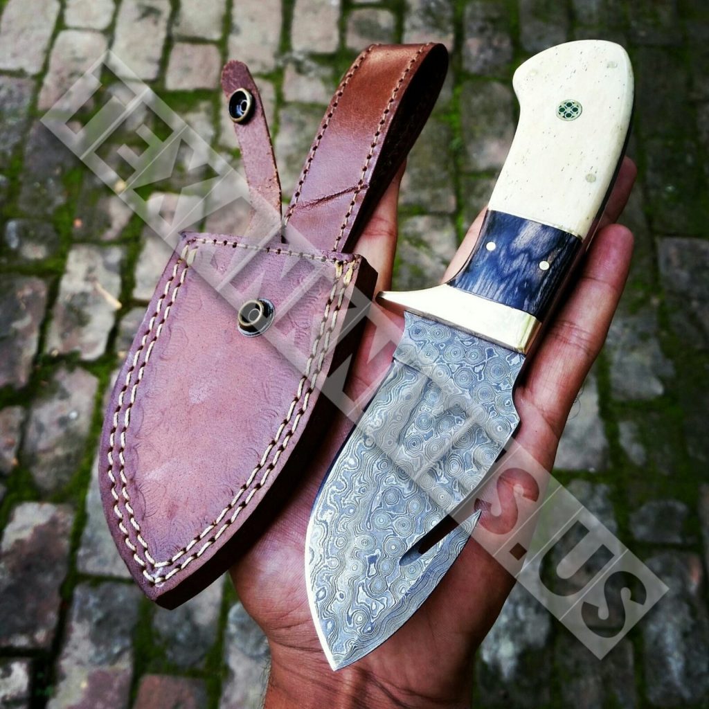 Handmade Raindrop Damascus Steel Gut Hook Hunting Knife