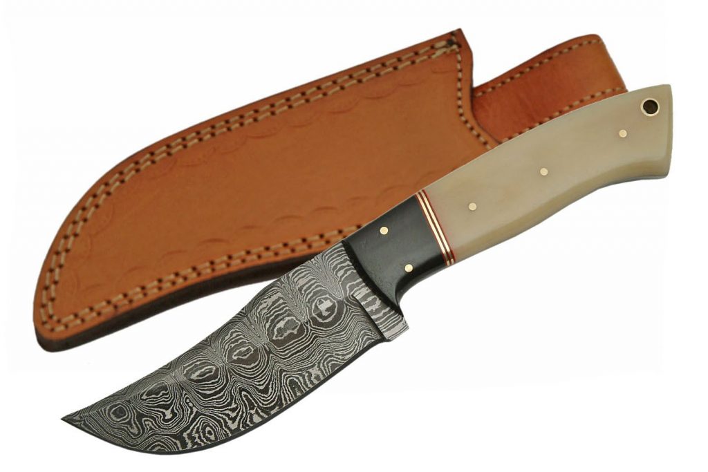 Handmade Raindrop Damascus Steel Skinning Knife With Bone Handle