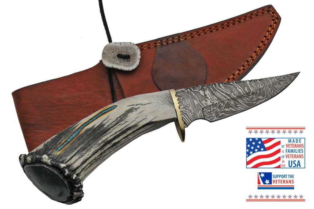 Custom Handmade Damascus Skinning Knife With Elk Antler Handle