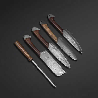 Wooden Handle Chef Set of Five Pieces with Leather Roll Kit