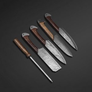 Wooden Handle Chef Set of Five Pieces with Leather Roll Kit