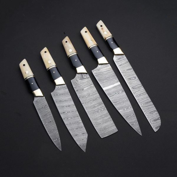 Hand Forged Damascus Steel Chef Set Of Five Pieces With Kit