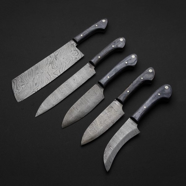 Hand Forged Damascus Steel Smoky  Chef Set Of Five Pieces With Kit