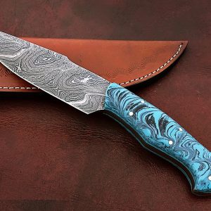 hand forged damascus hunting knife made with Resin Sheet Handle made with ice file work and is made 512 layers of stainless steel and steel