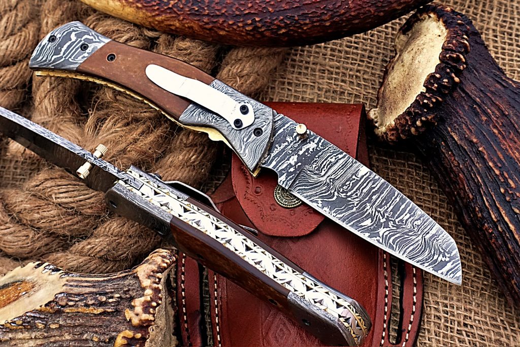 Custom Damascus  Folding Knife with Beautiful Brown Bone Handle