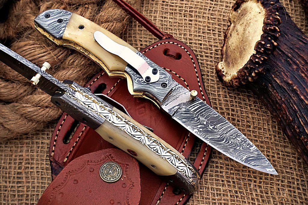 Camel Bone Handle Handmade Damascus  Folding Knife