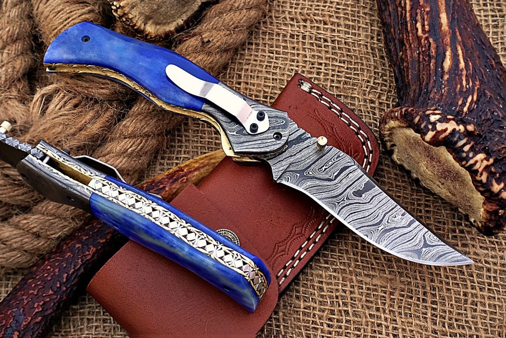 Handmade Damascus Steel Folding Knife with Colored Bone Handle