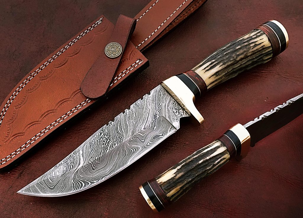Damascus Bowie Knife With Stag Horn Handle