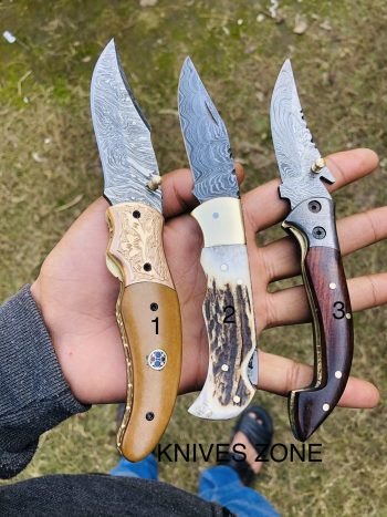 Damascus folding knife set of 3