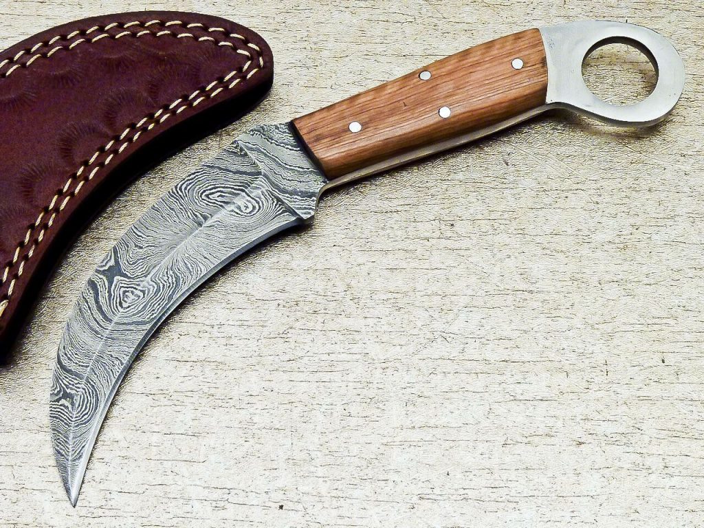 Handmade Damascus Karambit Knife With Leather Cover