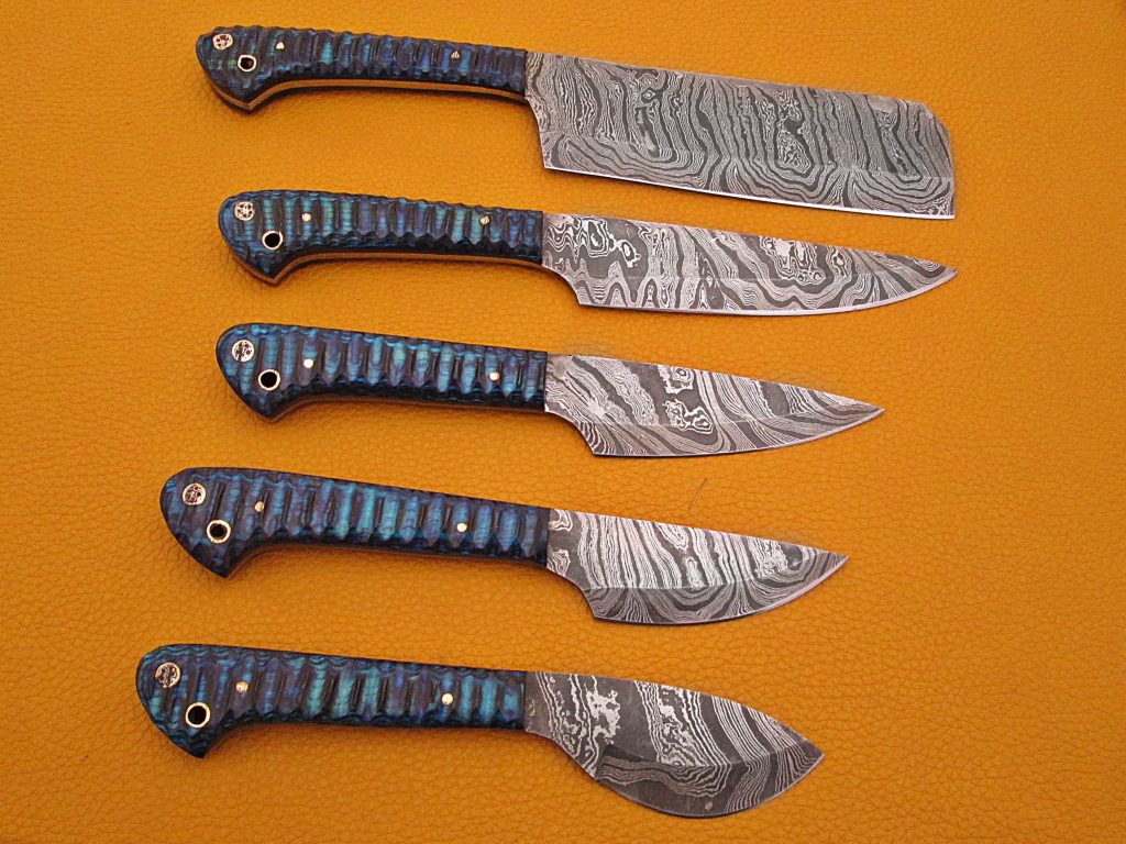 Handmade Damascus Steel Blue Jigged Wood Handle Knives Set
