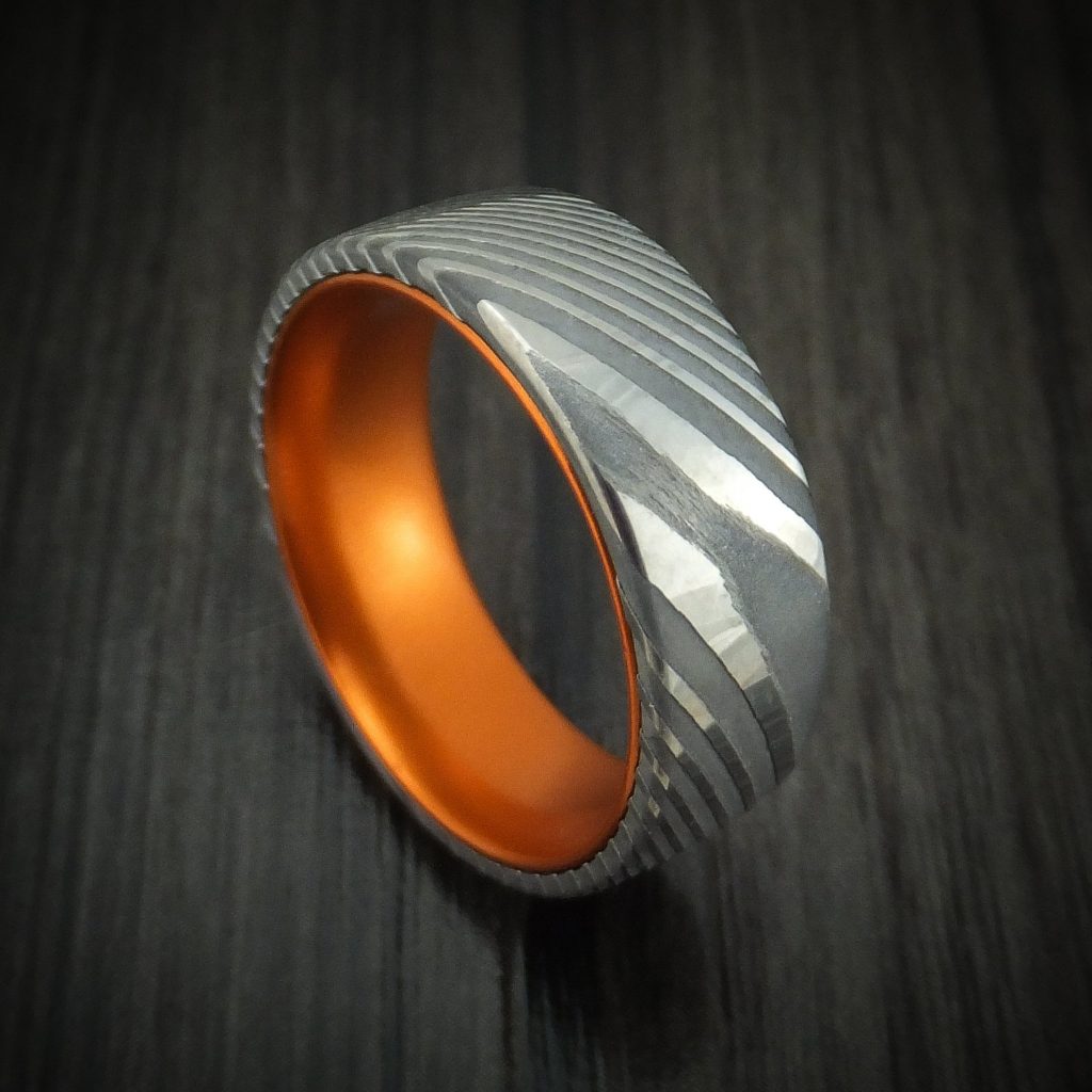 Customize Damascus Steel Ring/Band With Anodized Sleeve