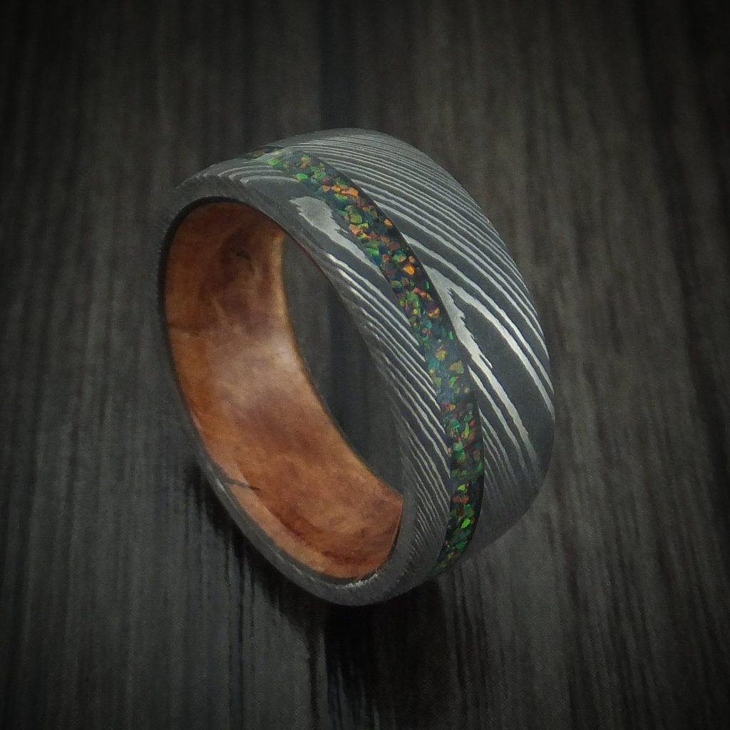 Customize Damascus Steel Ring With Opal Inlay And Wood Interior