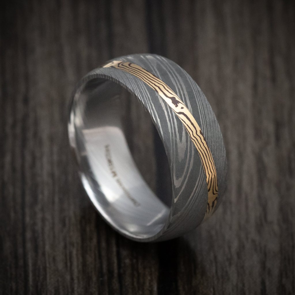 Customize Damascus Steel Ring With Diagonal Mokume Shakudo Inlay
