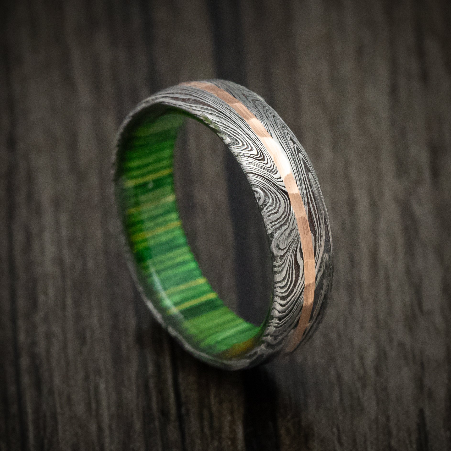 Damascus Steel Ring With Golden Inlay And Wood Damascus Knives
