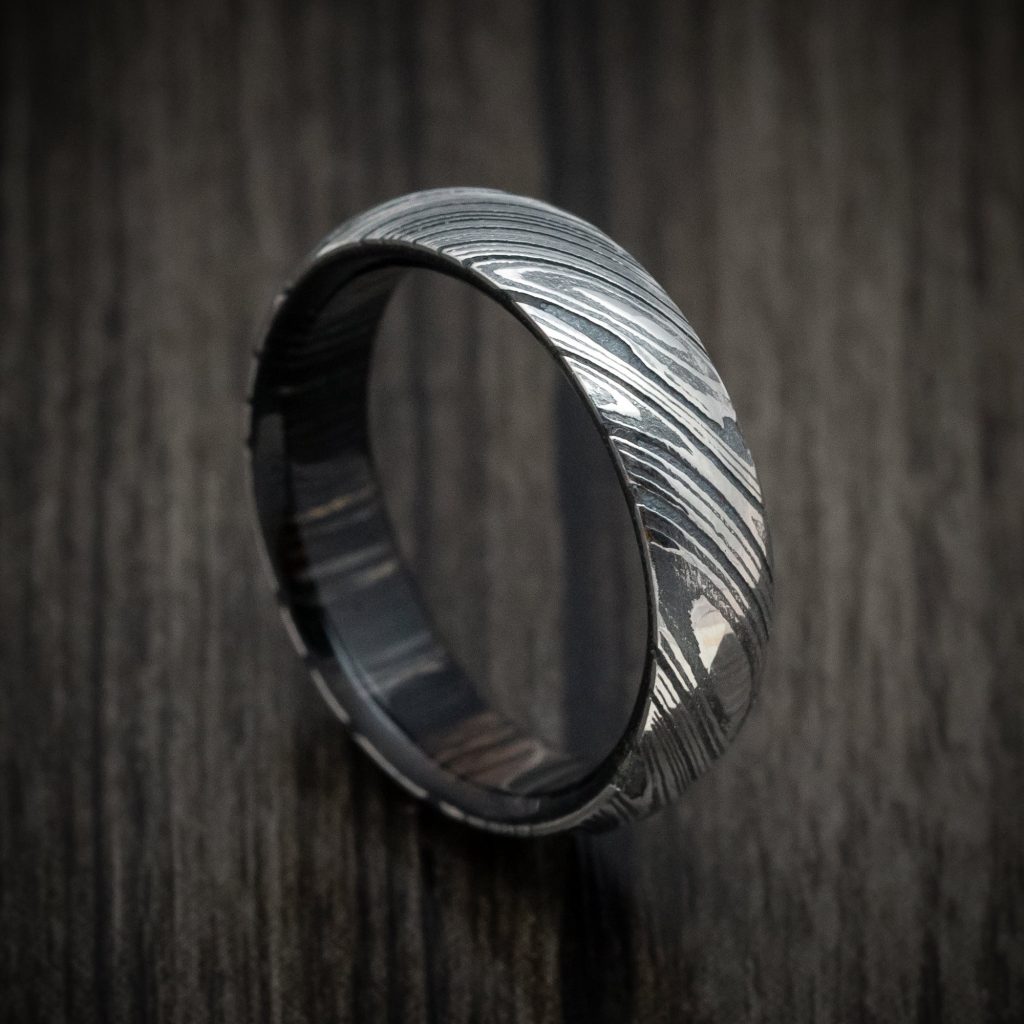 Damascus Steel Ring with Marble Finish And Wood Inlay