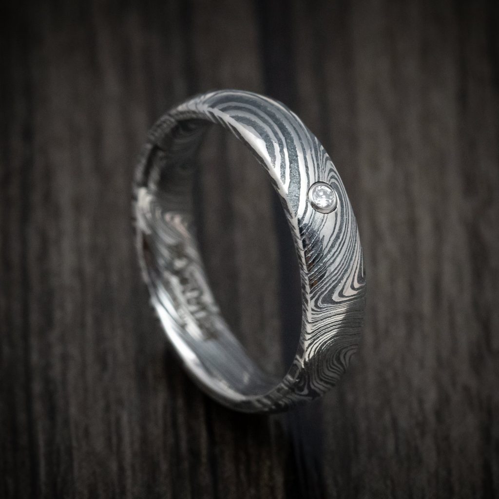 Damascus Steel Ring With Round Diamond And Marble Finish