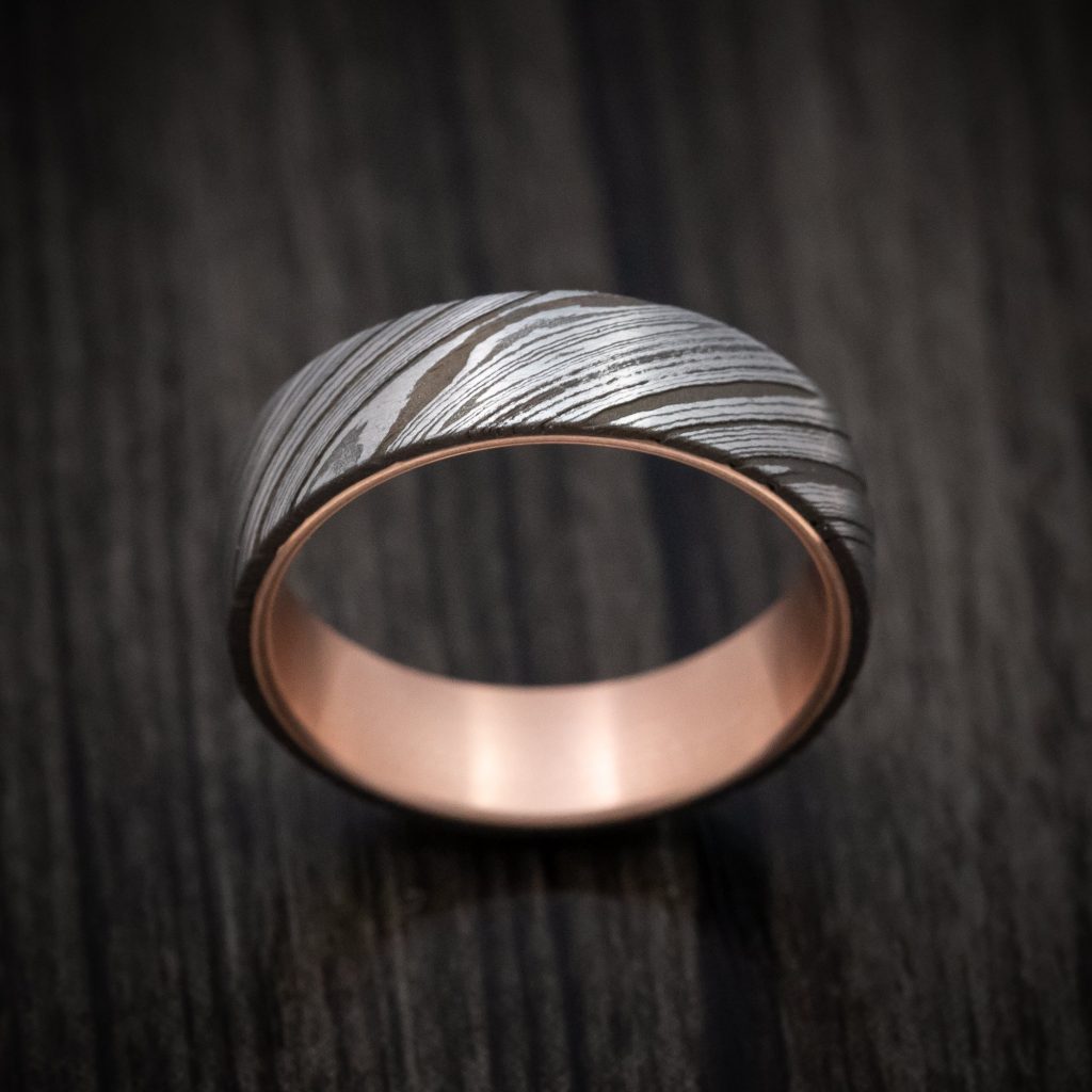 Damascus Steel Ring With 14K Rose Gold Sleeve