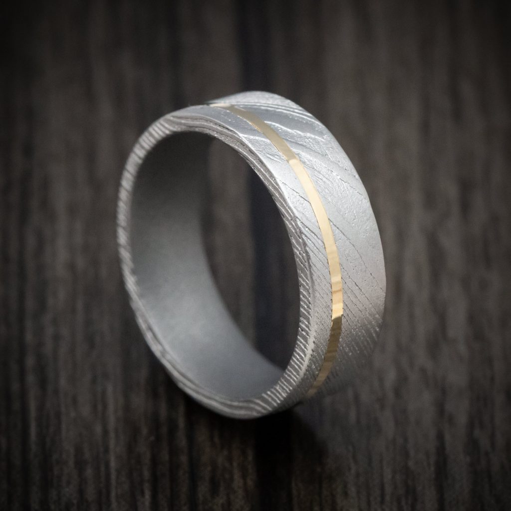 Damascus Steel Ring With Gold Inlay