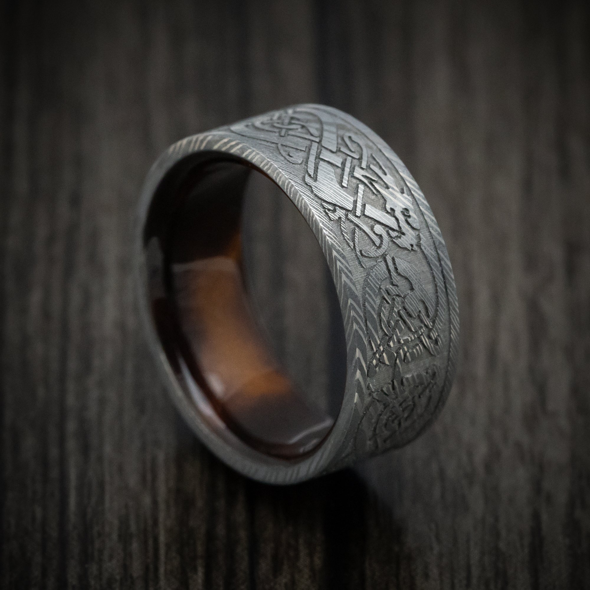 Damascus Steel Dragon Ring With Wood Sleeve Damascus Knives