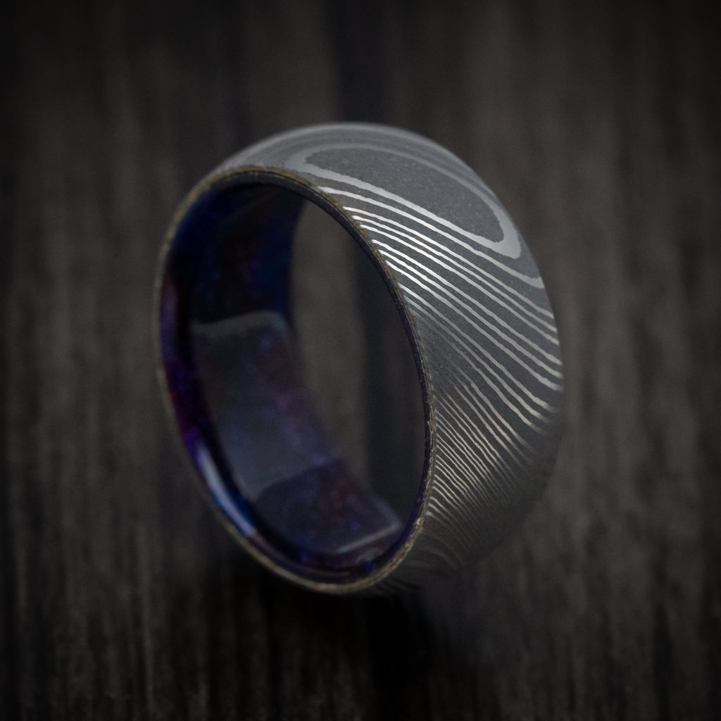 Customize Damascus Steel Ring With Diamond Cast Sleeve