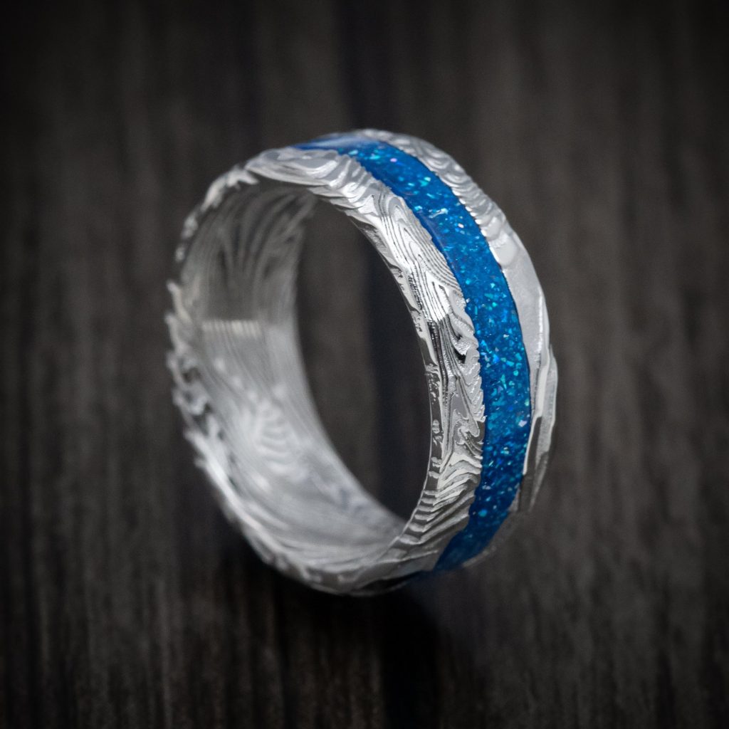 Customize Sunset Damascus Steel Ring With Diamondcast Inlay