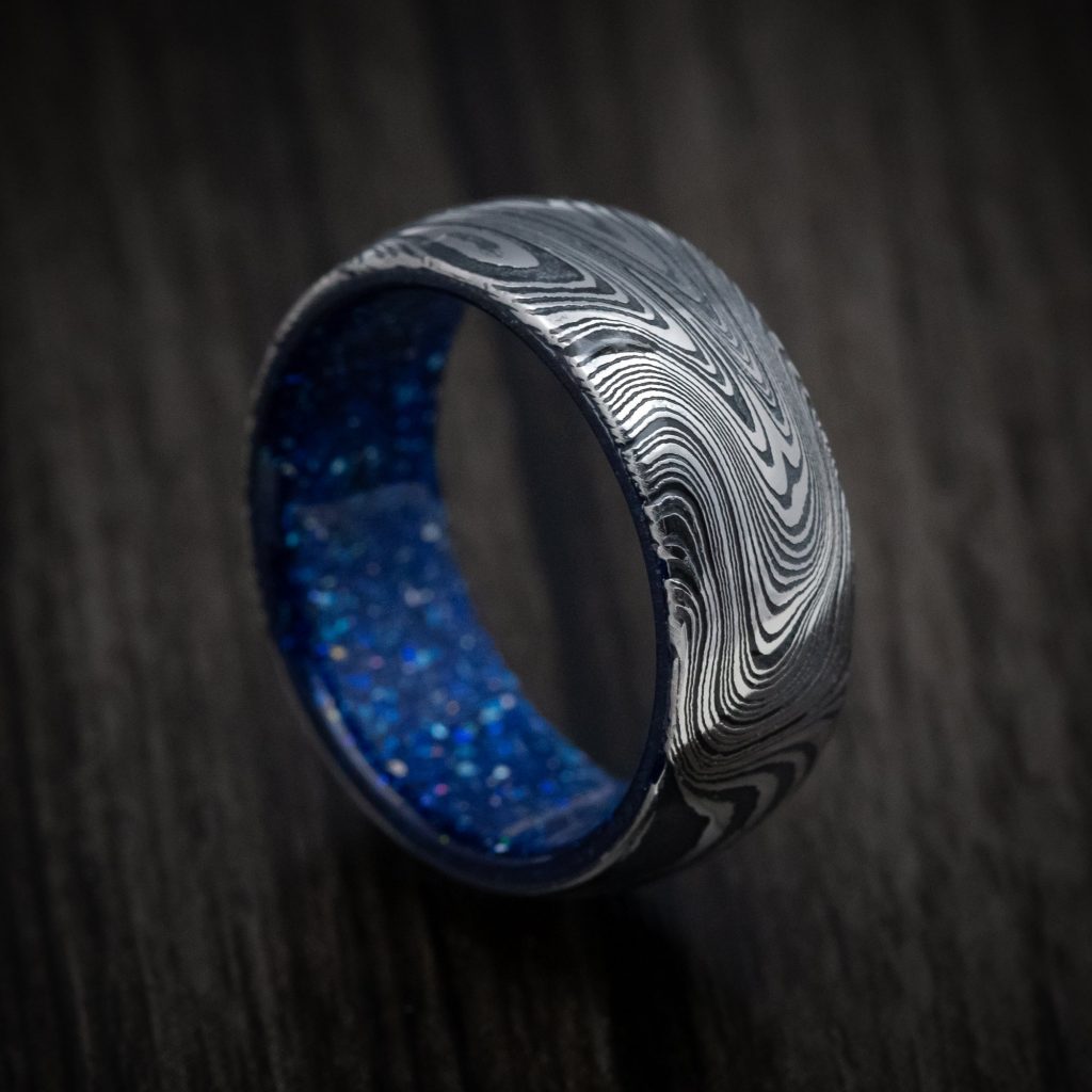 Customize Damascus Steel Ring Diamondcast Sleeve With Marble Finish