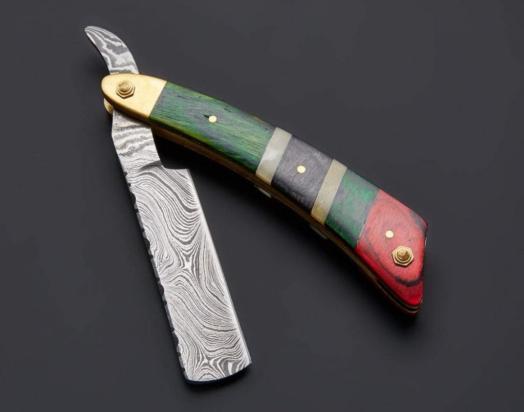 Custom Damascus Steel Razor With Multi Color Wood Handle