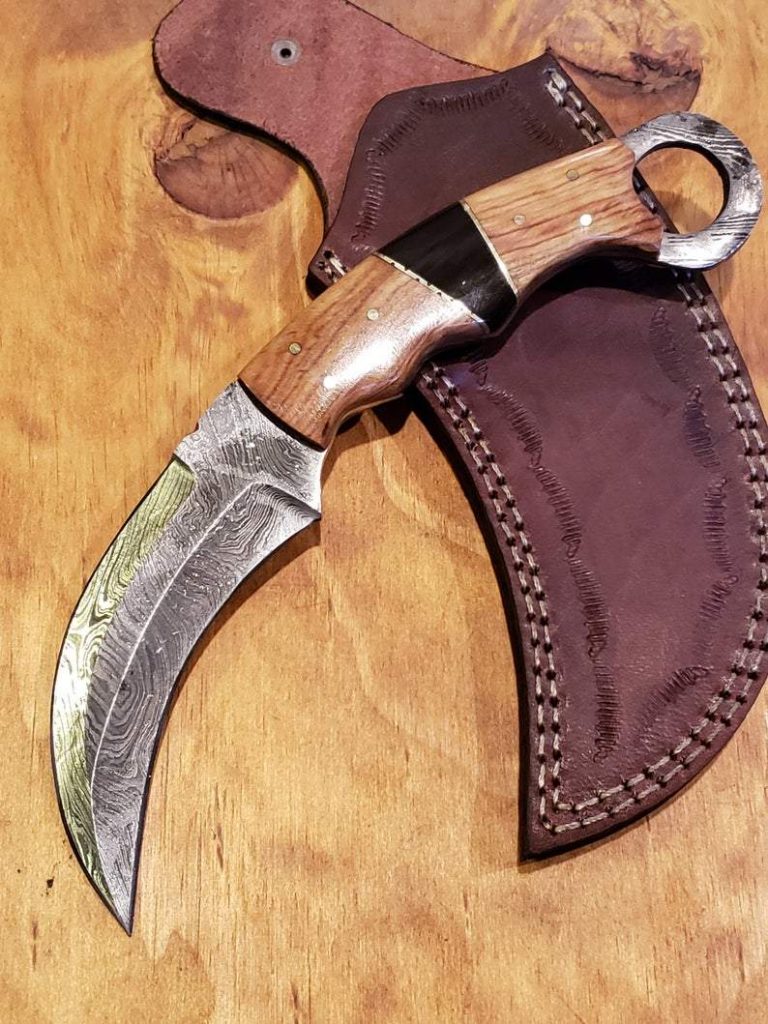 Handmade Damascus Steel Karambit Knife With Olive Wood Handle