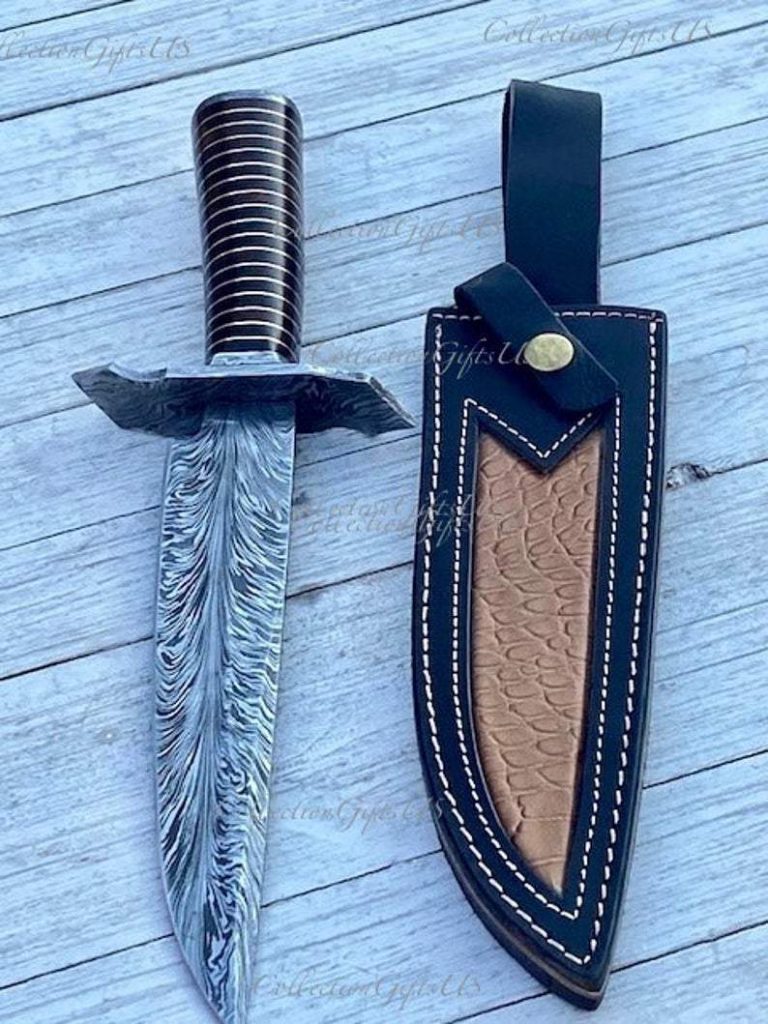 Handmade Damascus Feather Bowie Knife With Burl Walnut Handle
