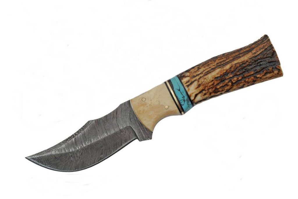 Damascus Steel Skinning knife With Kirinite Spacer Clip Point Stag Handle