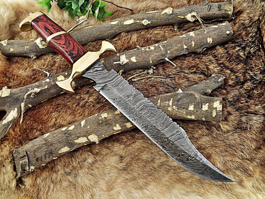 Damascus Steel Bowie Handmade Knife With Natural Wood Handle