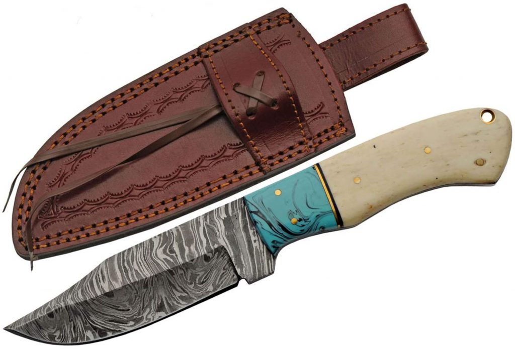 Handmade Damascus Steel Skinning knife With Turquoise Bone Handle