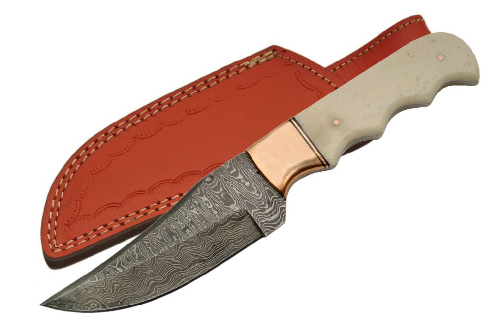 Handmade Damascus Steel Copper Bolster Bone Handle Skinner Knife