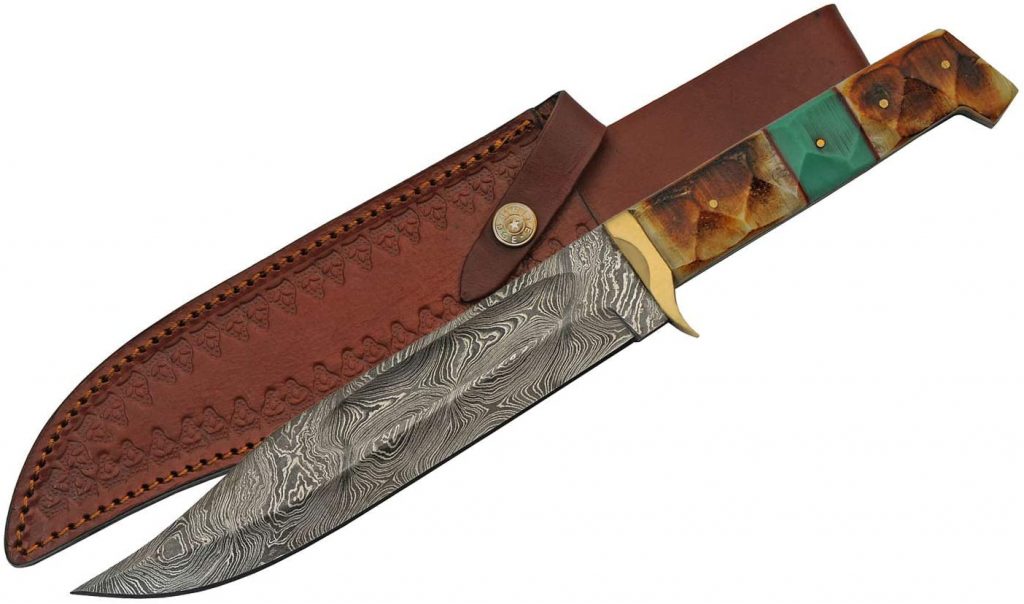 Handmade Damascus Steel Bowie Knife With Textured Burnt Bone Handle