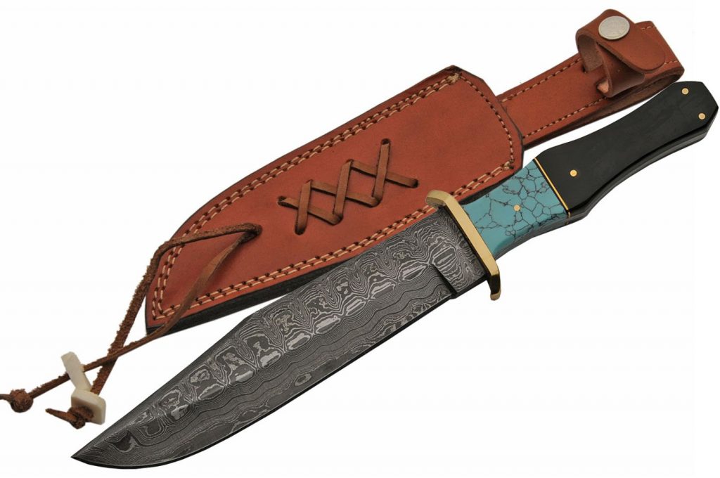 Custom Handmade Blue Damascus Steel Bowie Knife With Horn Handle