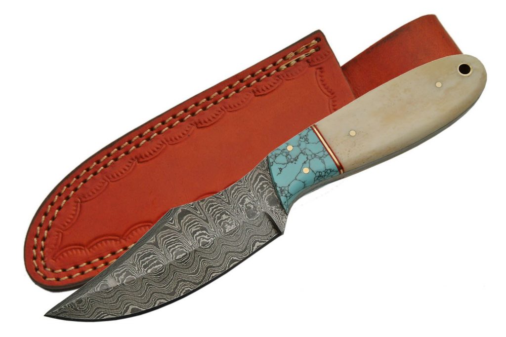 Handmade Custom Blue Damascus Steel Skinning Knife With Horn Handle