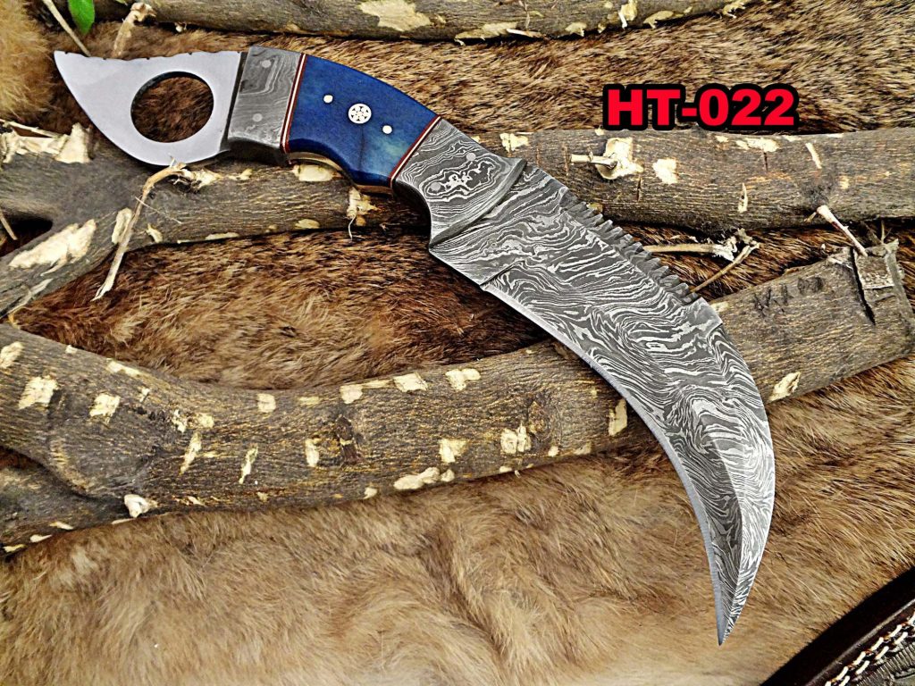Handmade Damascus Steel Karambit Knife With Blue Colored Bone Handle