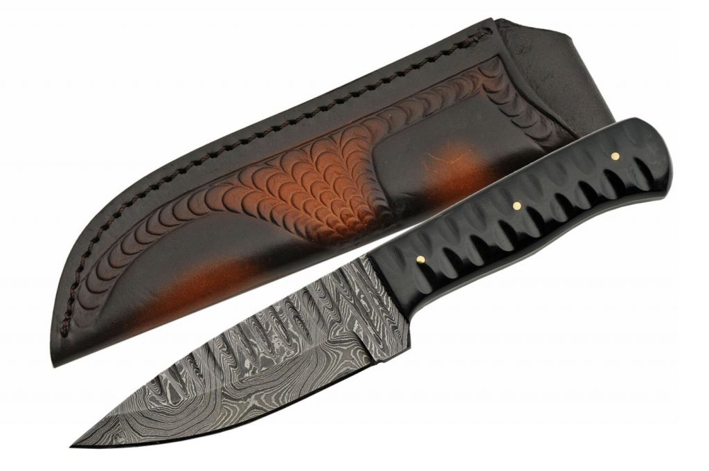 Handmade Sharktooth Damascus Skinning Knife With Black Horn Handle