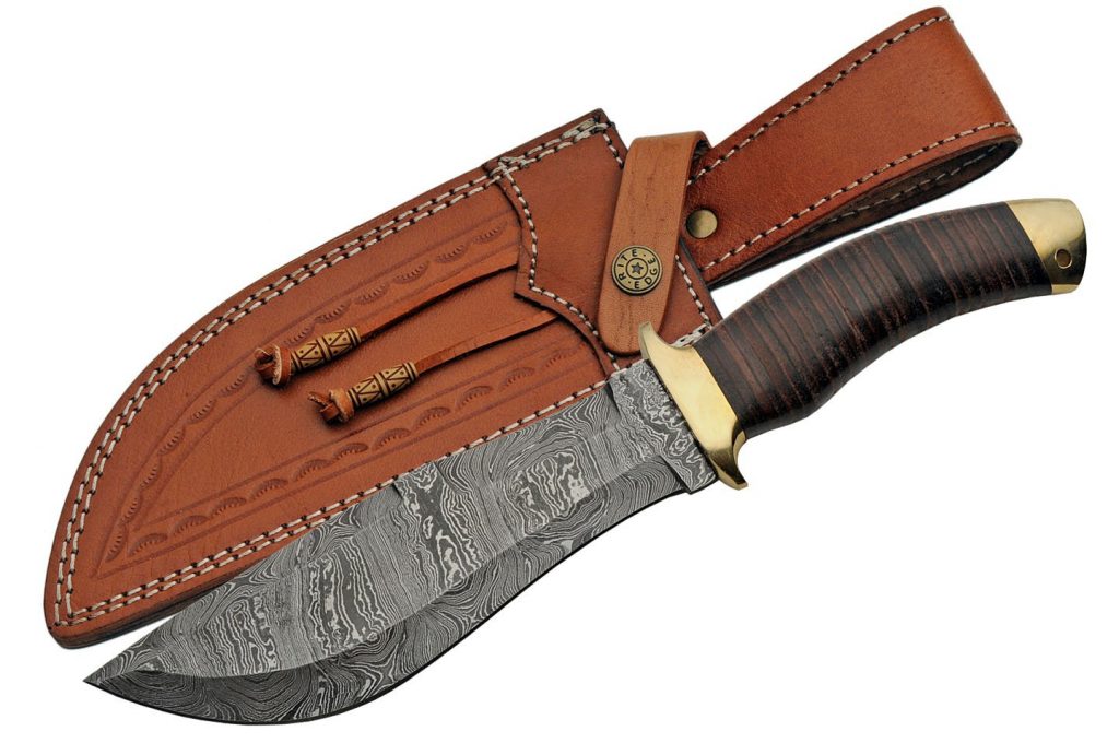 Handmade Damascus Steel Tracker Skinning Knife With Leather Stacked