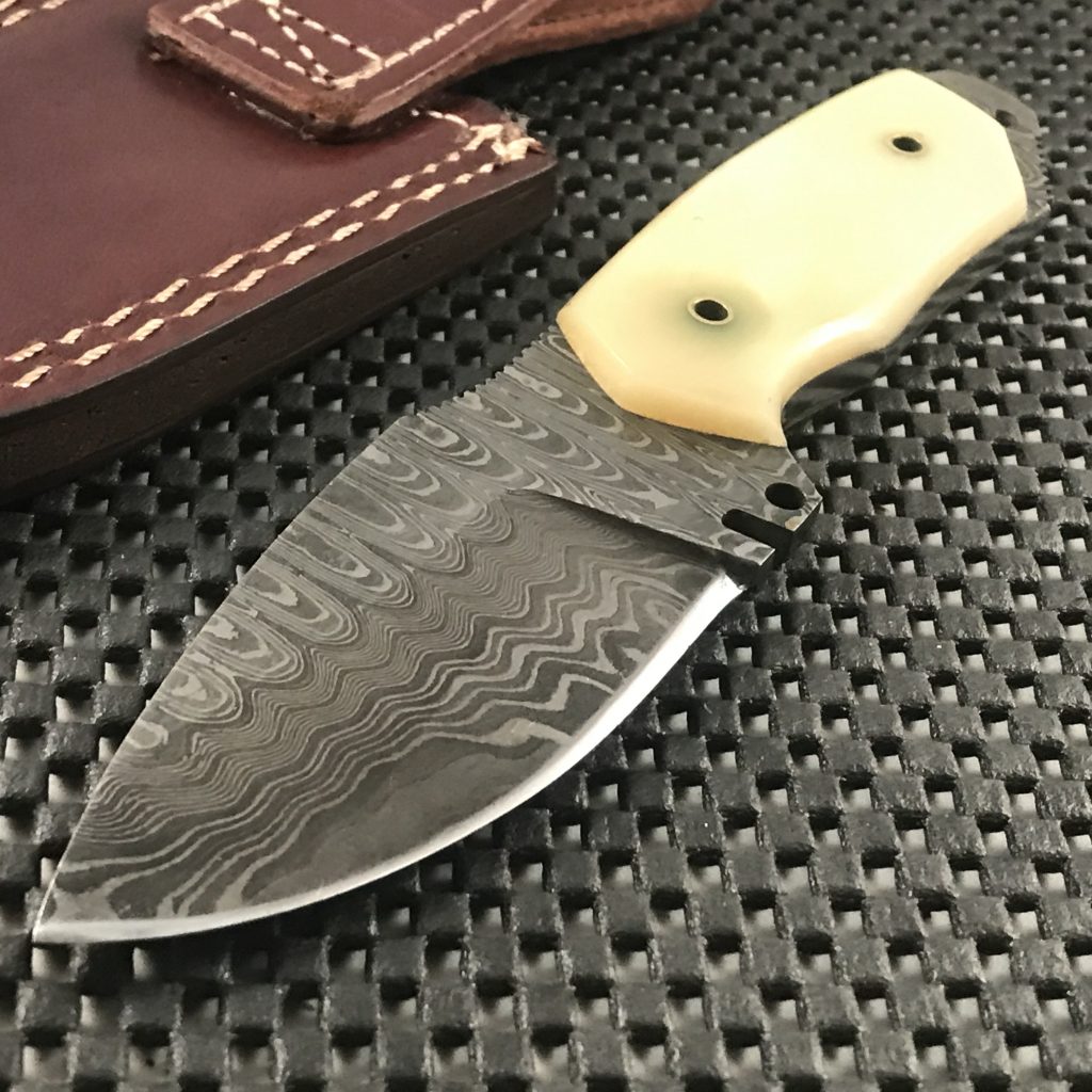 Handmade Damascus Steel Skinning Knife With Bone Ladder Handle