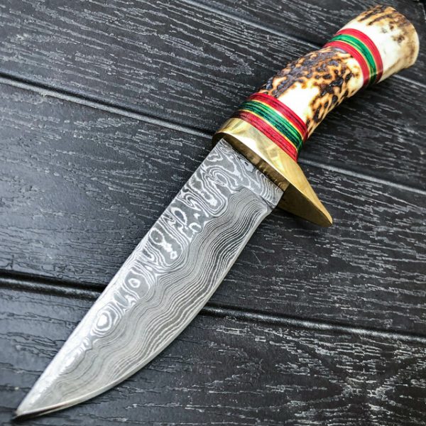 Damascus knife with stag horn handle